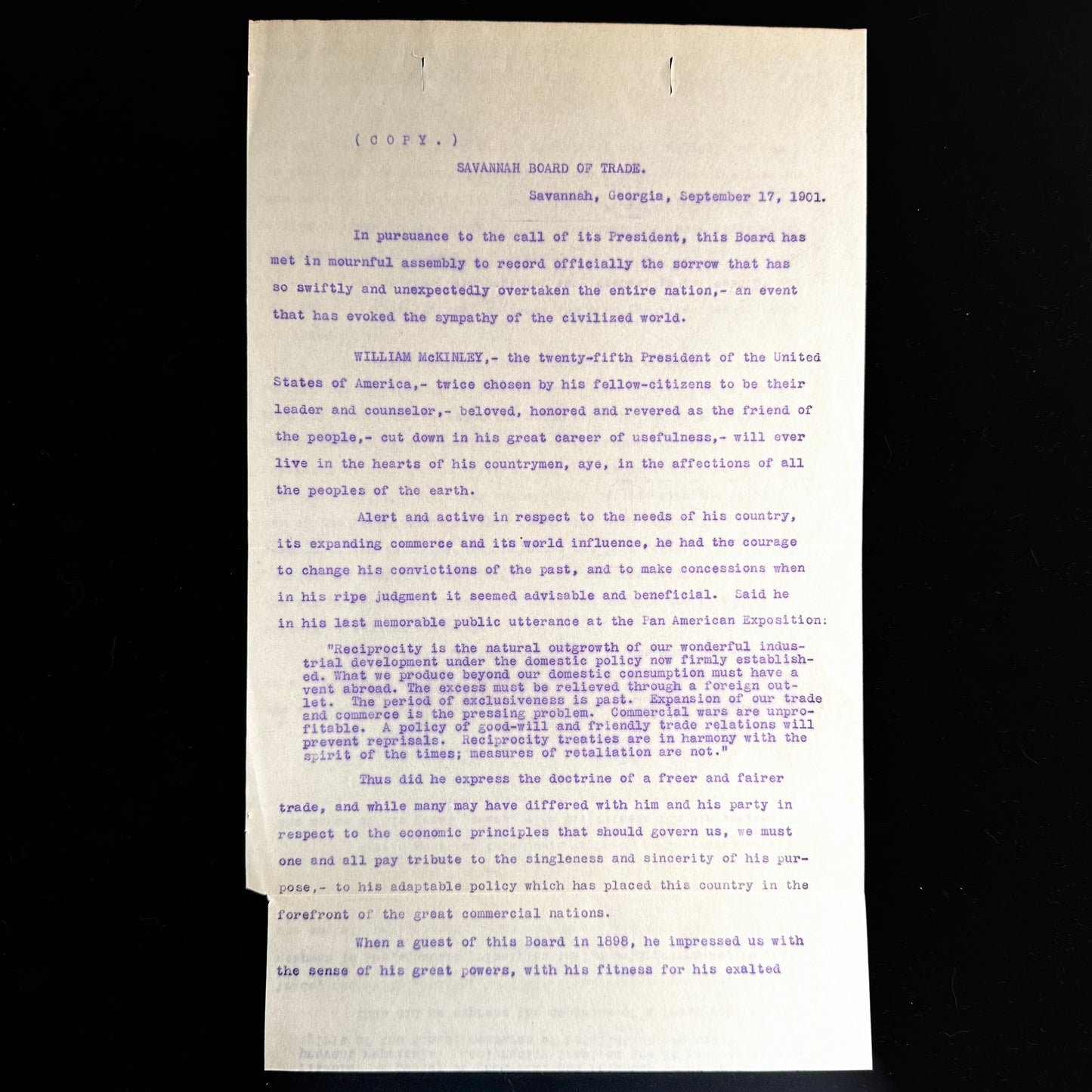Savannah Board of Trustees - Letter Regarding Assassination of President McKinley